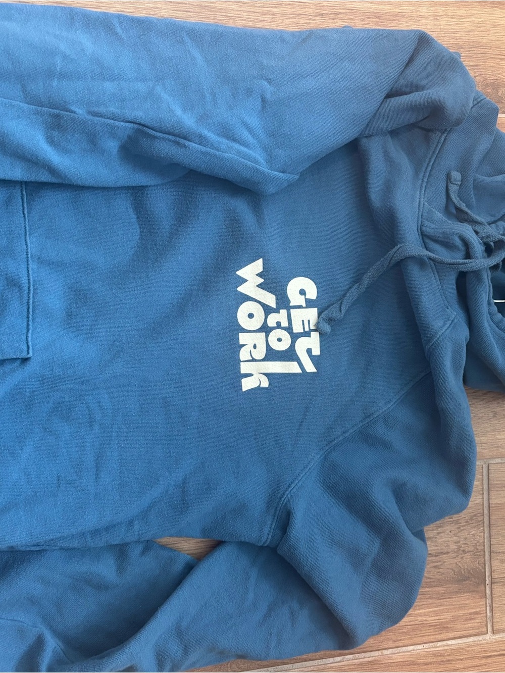 Goodfellow & Co Blue Pullover Hoodie with 'Get to Work' Graphic